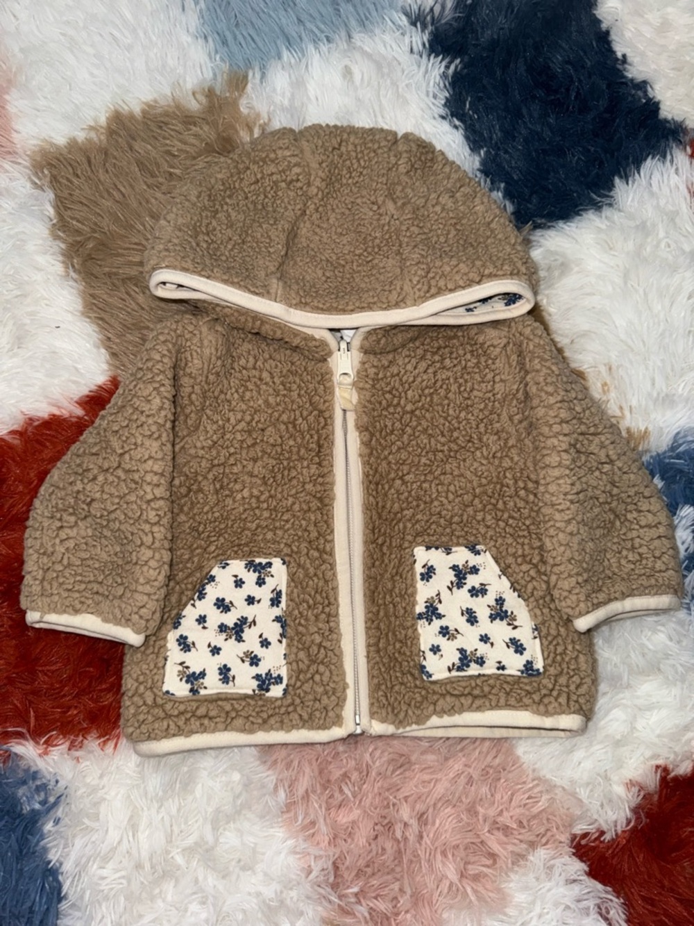 Baby girl Carter's Brown Sherpa Hooded Jacket with Floral Pocket Accents